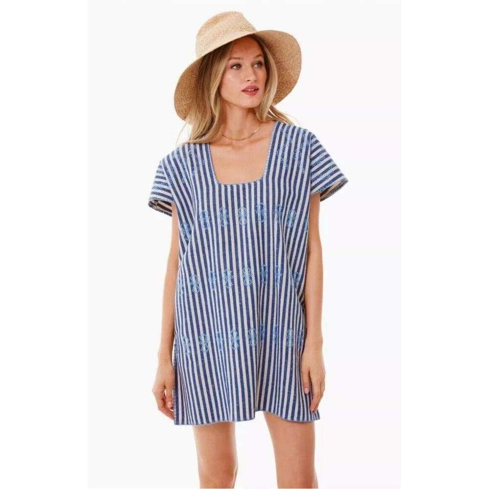 Tuckernuck Mini Sullivan Blue White Stripe Embroidered Canvas Caftan Sz S